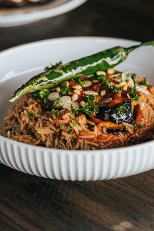 Eggplant maqluba rice with chicken